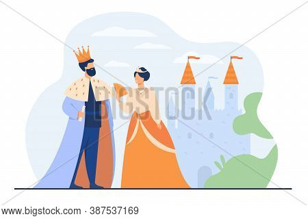 King And Queen Standing In Front Of Castle Flat Vector Illustration. Cartoon Monarchs As Symbol Of R