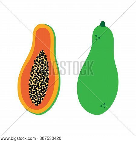 Papaya Fruit, Whole And Cut In Half With Pulp And Seeds Vector Cartoon Style Icons, Illustration.
