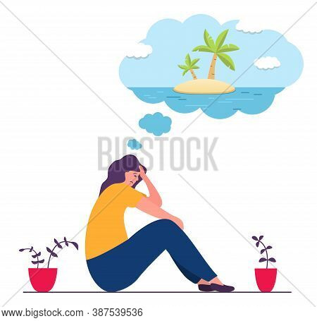 A Girl Sits At Home And Dreams Of A Vacation On A Tropical Island With Palm Trees.