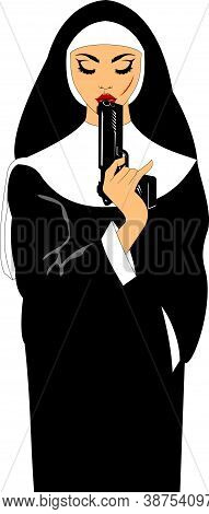 Nun In Black Robe With Black Pistol, Vector And Illustration