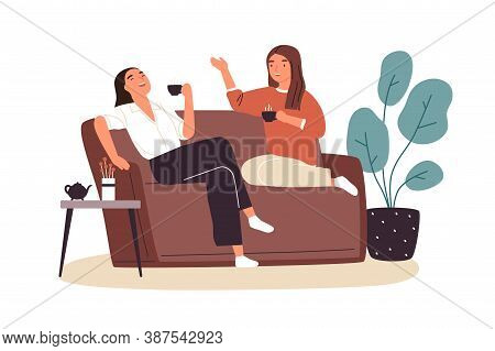 Smiling Woman Friends Drinking Tea At Home Vector Flat Illustration. Happy Female Laughing And Gossi