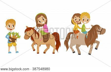 Cute Kid Feeding Their Horses With Carrot And Sitting On Horseback Vector Set