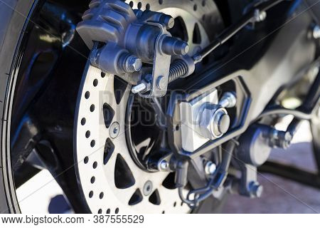 Closeup Of Modern Motorcycle Front Brake System.