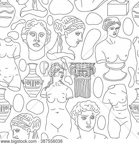 Ancient Greece And Rome Set Tradition And Culture Vector Seamless Pattern. The Linear Trend Of The A