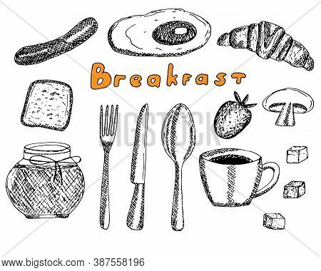 Hot Breakfast Set Vector Illustration Hand Drawing Sketch Scrambled Eggs Sausage Toast Champignon Co