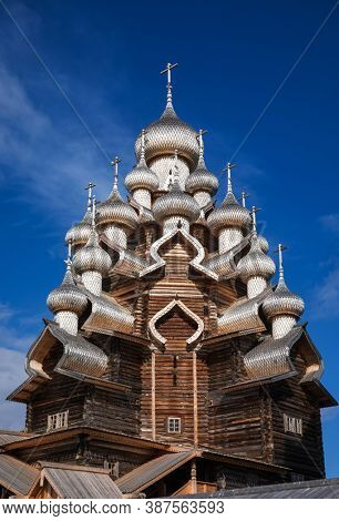 17th century wooden Church of the Transfiguration at Kizhi Pogost on Kizhi Island, Lake Onega, a UNESCO World Heritage Site and one of the most popular tourist destinations in Karelia Russia