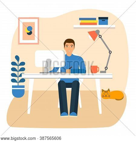 A Man Sitting At A Desk And Working On Computer Front View In Flat Design. Work From Home During Cov