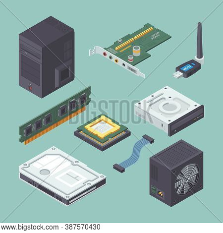 Personal Equipment Computer Isometric Set. Black Power Supply Dvd Player Modern Green Audio Card Ram