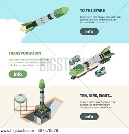 Rocket Launch Cosmodrome Horizontal Isometric Banner. Preparation Of Shuttle Testing Flight Systems 