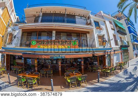 Benidorm, Spain - August 15, 2020: View With Small And Picturesque Street Terrace, Located In The Hi