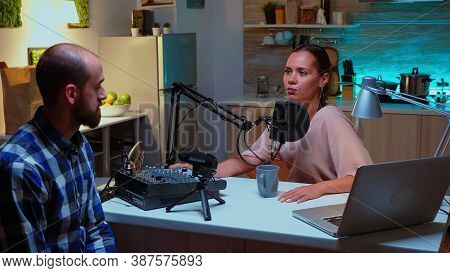 Podcast Host And Guest Discussing About The Importance Of Self Self Esteem. Creative Online Show On-