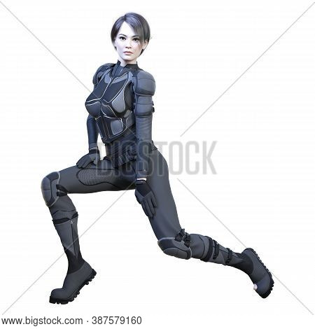 3D Rendering Female Sceince Fiction Warrior On White