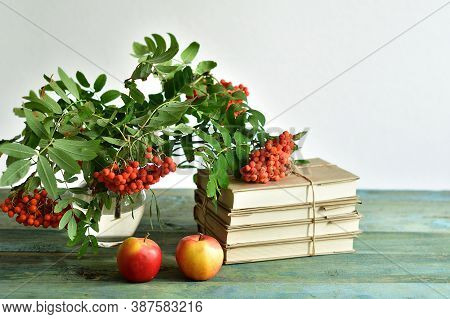 Happy Teacher's Day. Books, Rowan, Apple And Medical Protective Mask With Copy Space, Still Life.cov