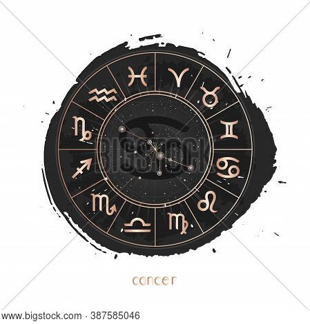 Vector Illustration Of Zodiac Sign And Constellation Cancer With Horoscope Circle On A Grunge Ink Ba