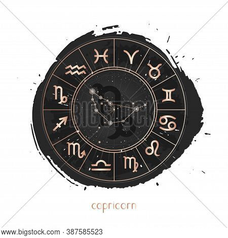Vector Illustration Of Zodiac Sign And Constellation Capricorn With Horoscope Circle On A Grunge Ink