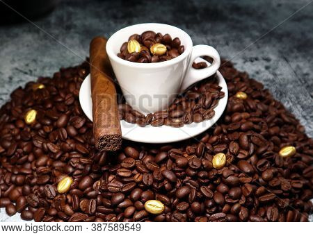 Golden And Brown Coffee Beans ,cigar And Espresso Cup