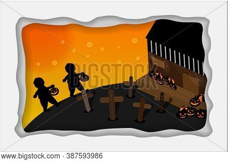 Haloween Scene In The Suneset With The Black And Orange Color About Child Walking To Abandoned House