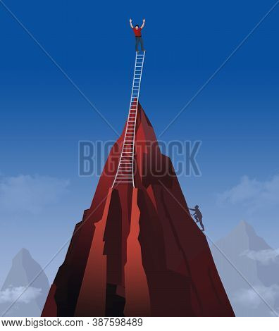 A Man Climbs To A  Mountain Peak In This 3-d Image Then Goes Even Higher Using A Ladder. Illustrates