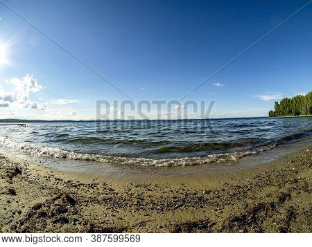 Shore Of The Lake, Sand, Lapping Waves, Blue Sky With Light Clouds, Fisheye Lens, Lake Uvildy