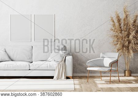 Blank White Vertical Frames Mock Up In Light Coloured Minimalistic Living Room Interior With White A