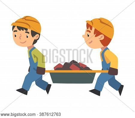 Two Boy Construction Workers Arrying Construction Waste Together, Cute Little Builder Character Wear