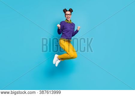 Full Length Profile Photo Of Pretty Crazy Lady Two Buns Jump High Celebrate College Graduating Excel