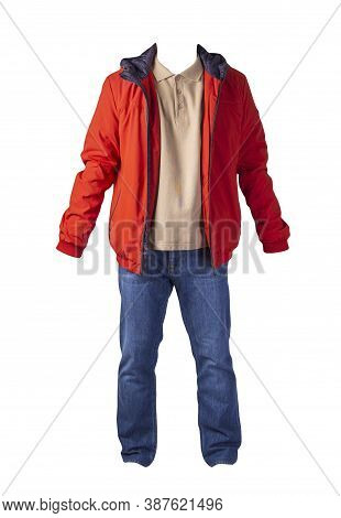 Red Jacket, Beige Shirt And Blue Jeans Isolated On White Background. Casual Fashion Clothes