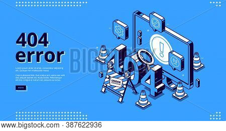 404 Error Isometric Landing Banner, Website Maintenance, Page Not Found Concept With Traffic Cones A