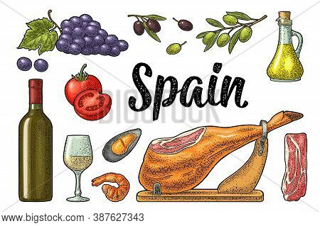 Spain Traditional Food Set With Jamon On Wood, Wine Bottle And Glass, Bunch Of Grapes With Berry And