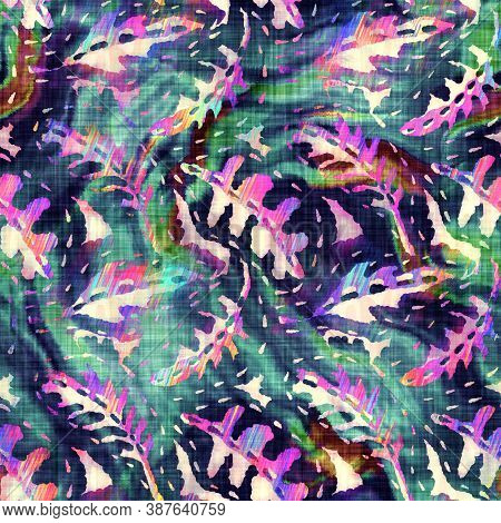 Blurry Rainbow Glitch Artistic Foliage Texture Background. Irregular Bleeding Watercolor Tie Dye Sea