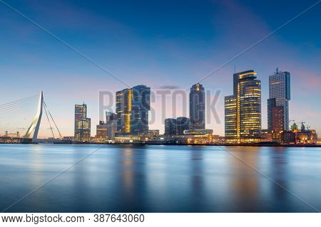 Rotterdam, Netherlands, city skyline at twilight.