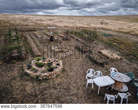 Drone Photo Of Beautiful Permaculture Garden With Seating Area