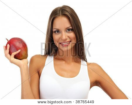 Eautiful junge Frau mit Mango, isolated on white