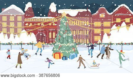 Happy People Crowd On Ice Rink. Decorated Chrismtas Main Square With Gift Box Under Fir Tree, House 