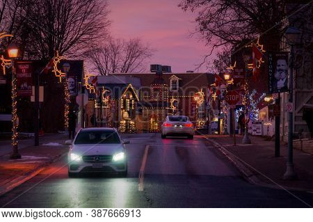 Unionville, Greater Toronto, Canada - 12 22 2019: Sunset View Along Brightly Decorated Main Street O