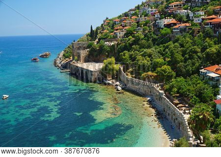Capstone Wall On The Shoreline Of Beautiful Mediterranean Sea In Ancient Turkish Fortress, Alanya Ci