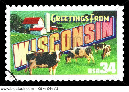 United States - Circa 2002: A Postage Stamp Printed In Usa Showing An Image Of The Wisconsin State, 