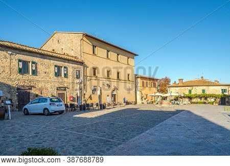 Monteriggioni,italy - September 4,2020 - View At The Roma Place In Monteriggioni. Monteriggioni Is A