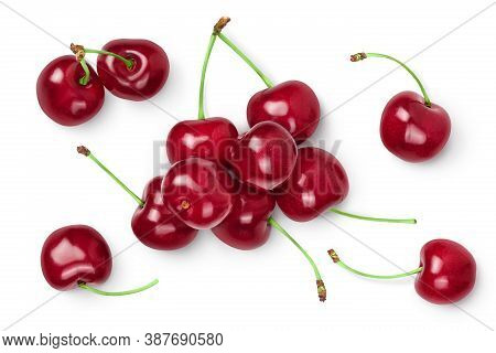 Red Sweet Cherry Isolated On White Background With Clipping Path . Top View. Flat Lay