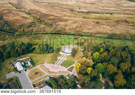 Chachersk, Gomel Region, Belarus. Aerial View Of Skyline Cityscape. Amphitheater In Park At Sunny Su