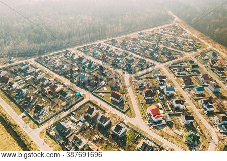 Gomel, Belarus. Aerial Birds-eye View Of Suburb Cityscape Skyline In Sunny Spring Day.