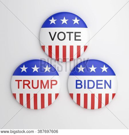 Bengkulu, Indonesia - October 01, 2020: Vote Election Campaign Badge Button Trump Biden On White Bac