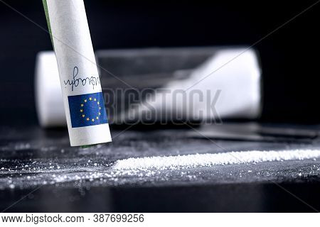 Cocaine Sniffing Closeup, Rolled Banknote For Snorting Line Of Cocaine, cocaine Drug Addiction