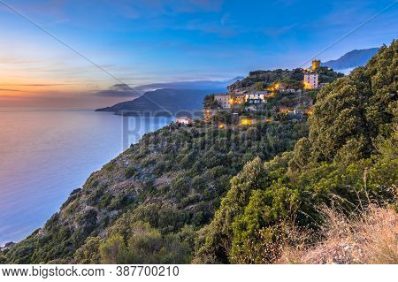 Mountain Village Of Nonza With View Over The Mediteranean Sea On Cap Corse, Corsica, France