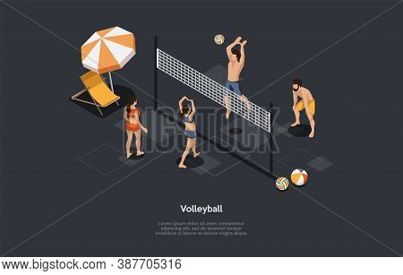 Volleyball, Team Sport Concept. Volleyball Women Vs Men Team. Men Grounding A Ball Over A Net On The