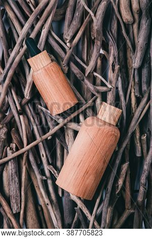 Top View Of Wooden Bottles Containers Blank Mockup For Skincare Beauty Cosmetic Products For Body Or