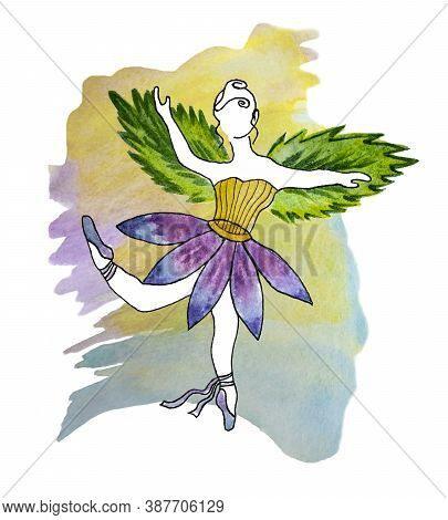 Watercolor Illustration Of A Faceless Ballerina-girl In A Tutu-flower And With Wings-leaves On The B