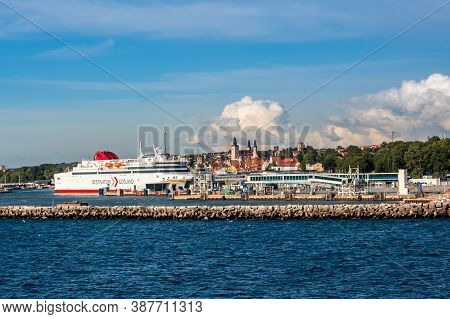 Visby, Sweden - July 27, 2020: Summer Seaside View Of The Ferry Destination Gotland Moored In The Po