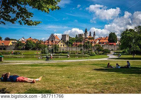 Visby, Sweden - July 27, 2020: Beautiful Summer Landscape View Of Almedalen Garden And Recreation Pa