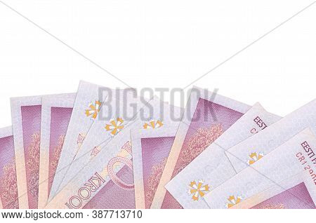 10 Estonian Kroon Bills Lies On Bottom Side Of Screen Isolated On White Background With Copy Space. 